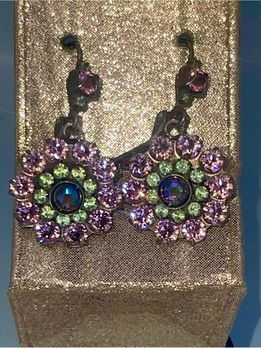 Sorrelli Pink and Green Crystal Flower Drop Earrings